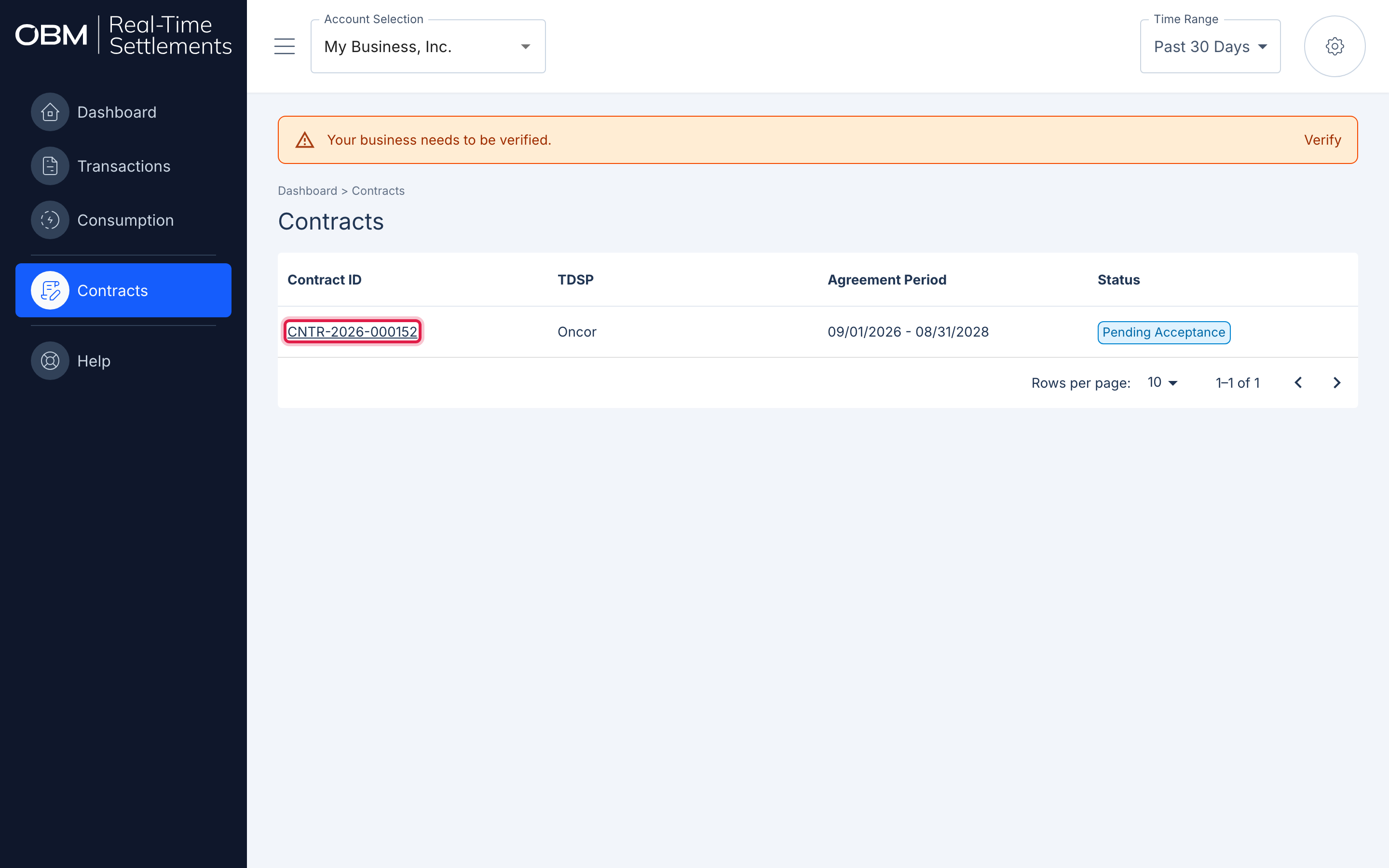 The Contracts page listing a contract with status Pending Acceptance