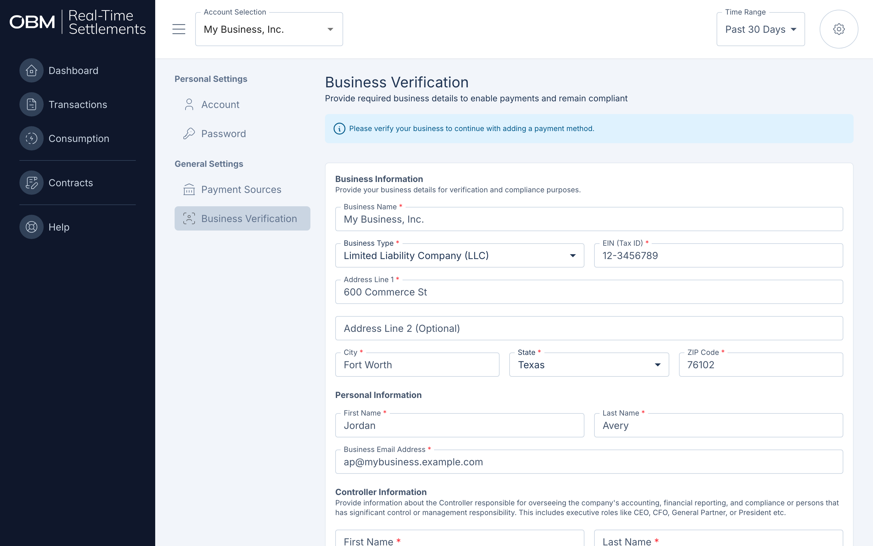 The Business Information section of the verification form, filled out