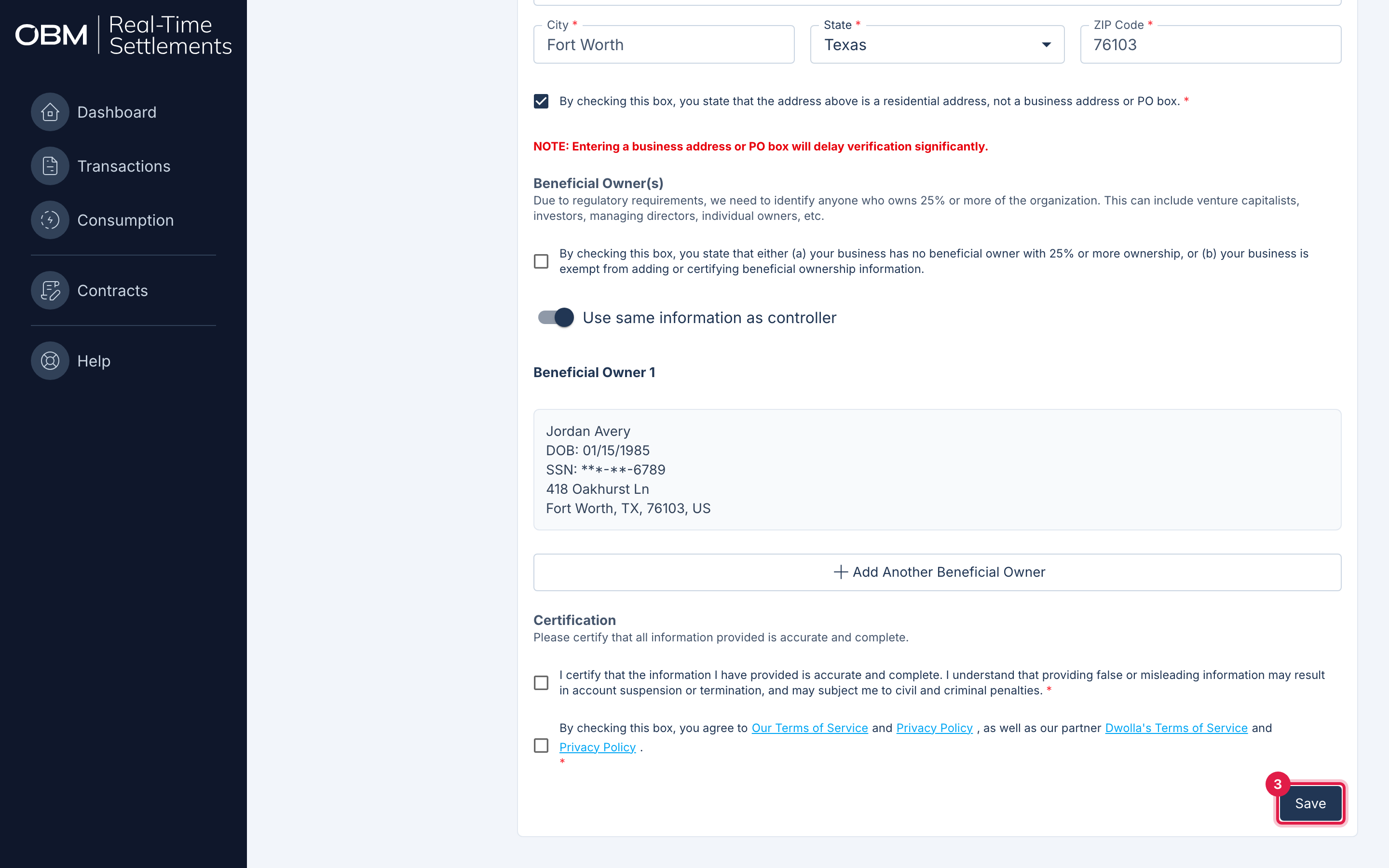 The Beneficial Owners section with the controller details reused, the certification checkboxes, and the Save button highlighted