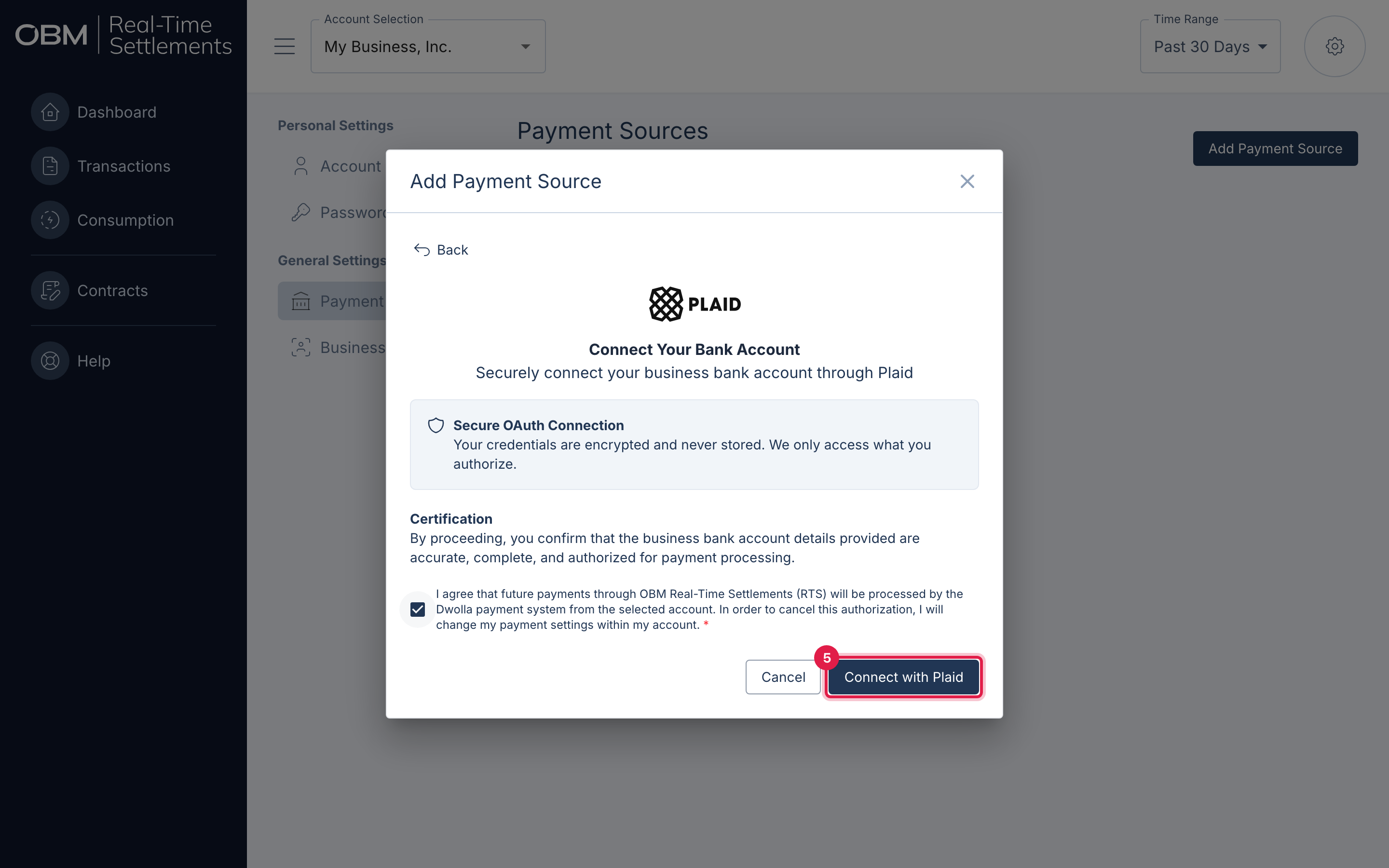 The Plaid connection step with the authorization checkbox checked and the Connect with Plaid button highlighted