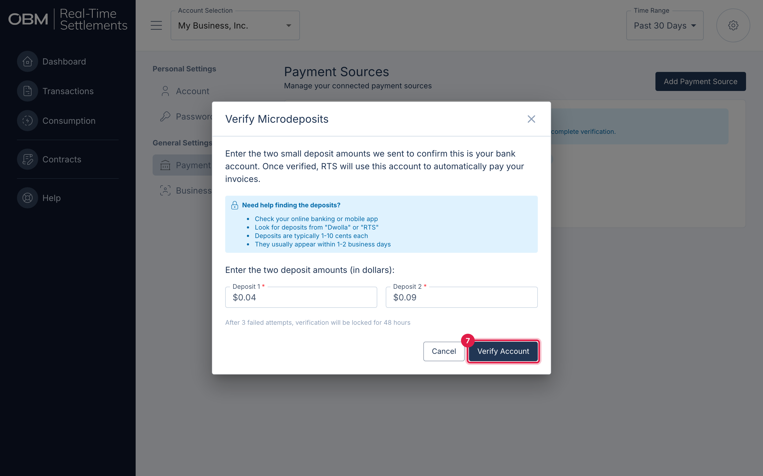 The Verify Microdeposits dialog with the two deposit amounts entered and the Verify Account button highlighted