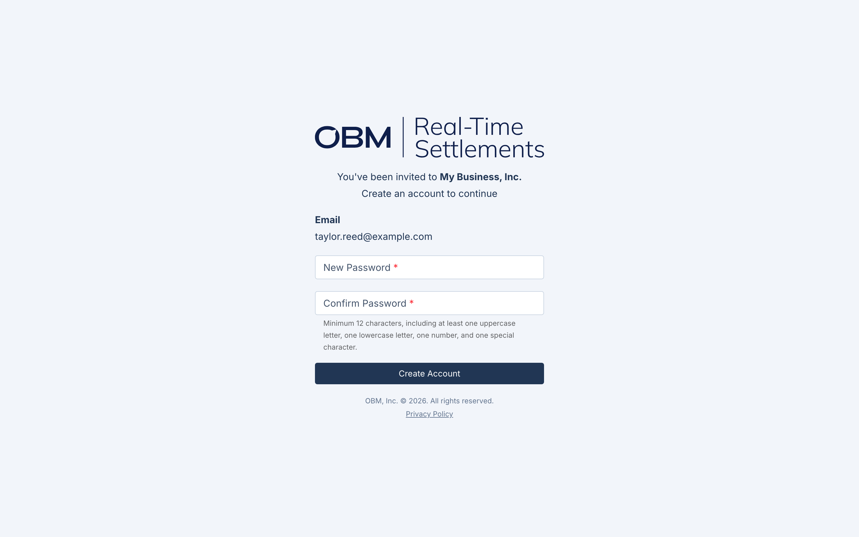 The invite acceptance page, showing the invited email address, password fields, and the Create Account button