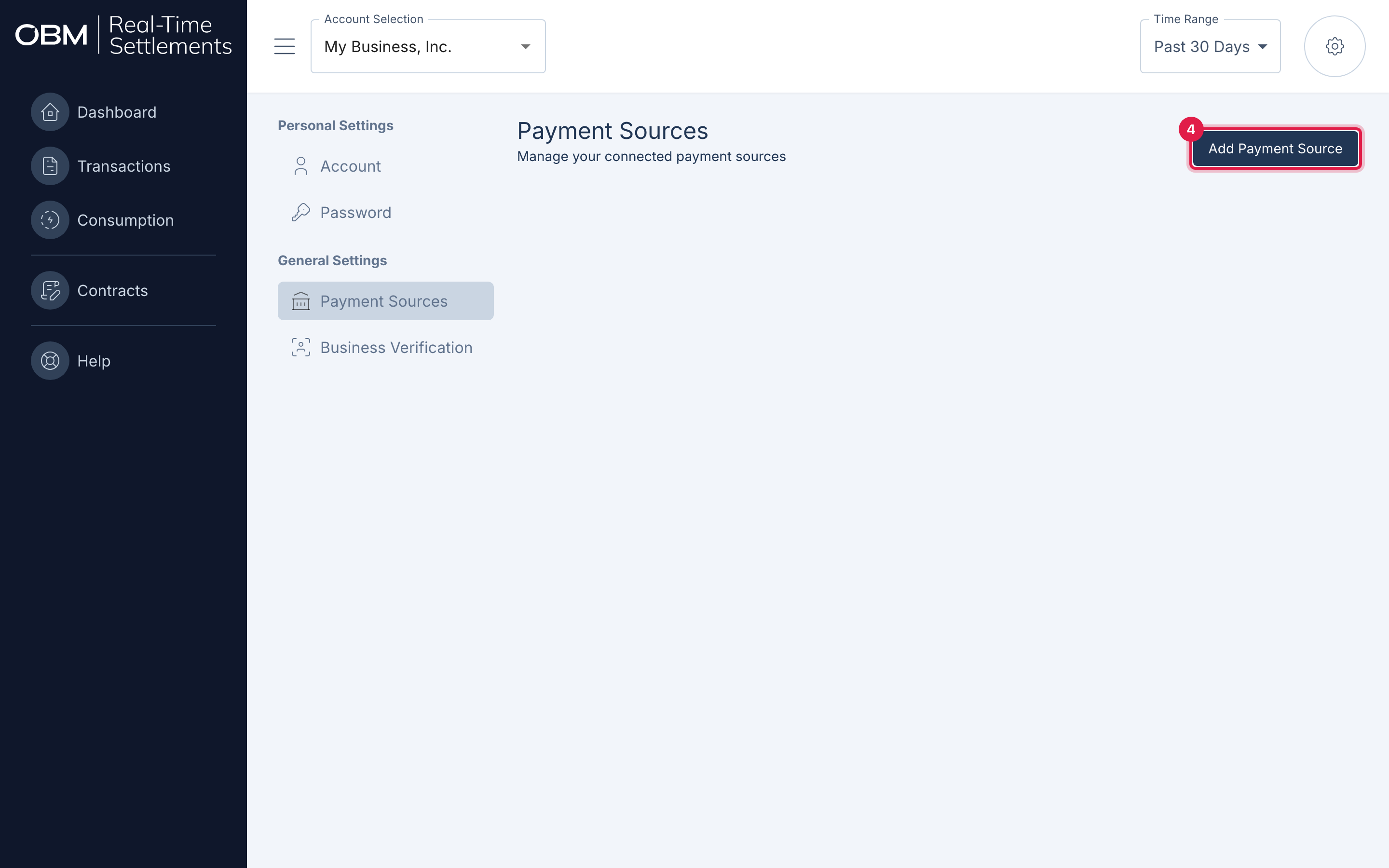 The Payment Sources page with the Add Payment Source button highlighted