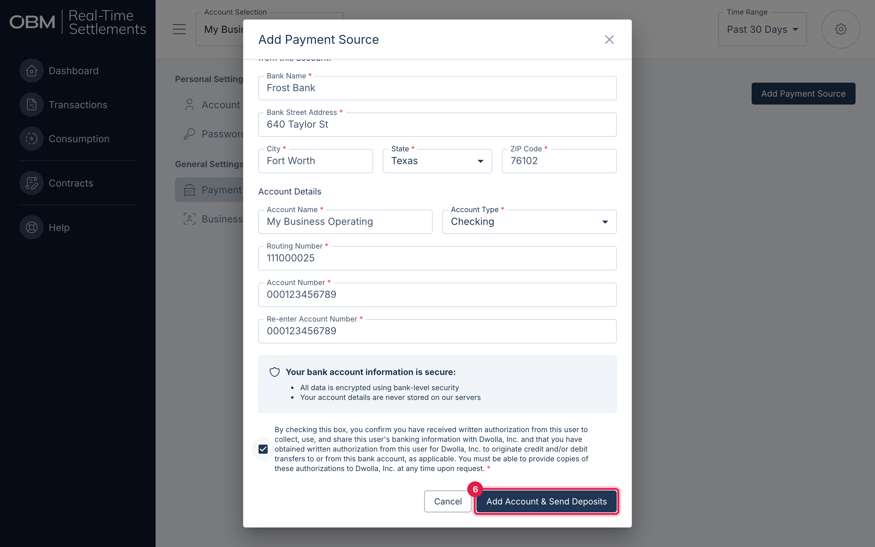 The manual ACH form filled out, with the Add Account & Send Deposits button highlighted