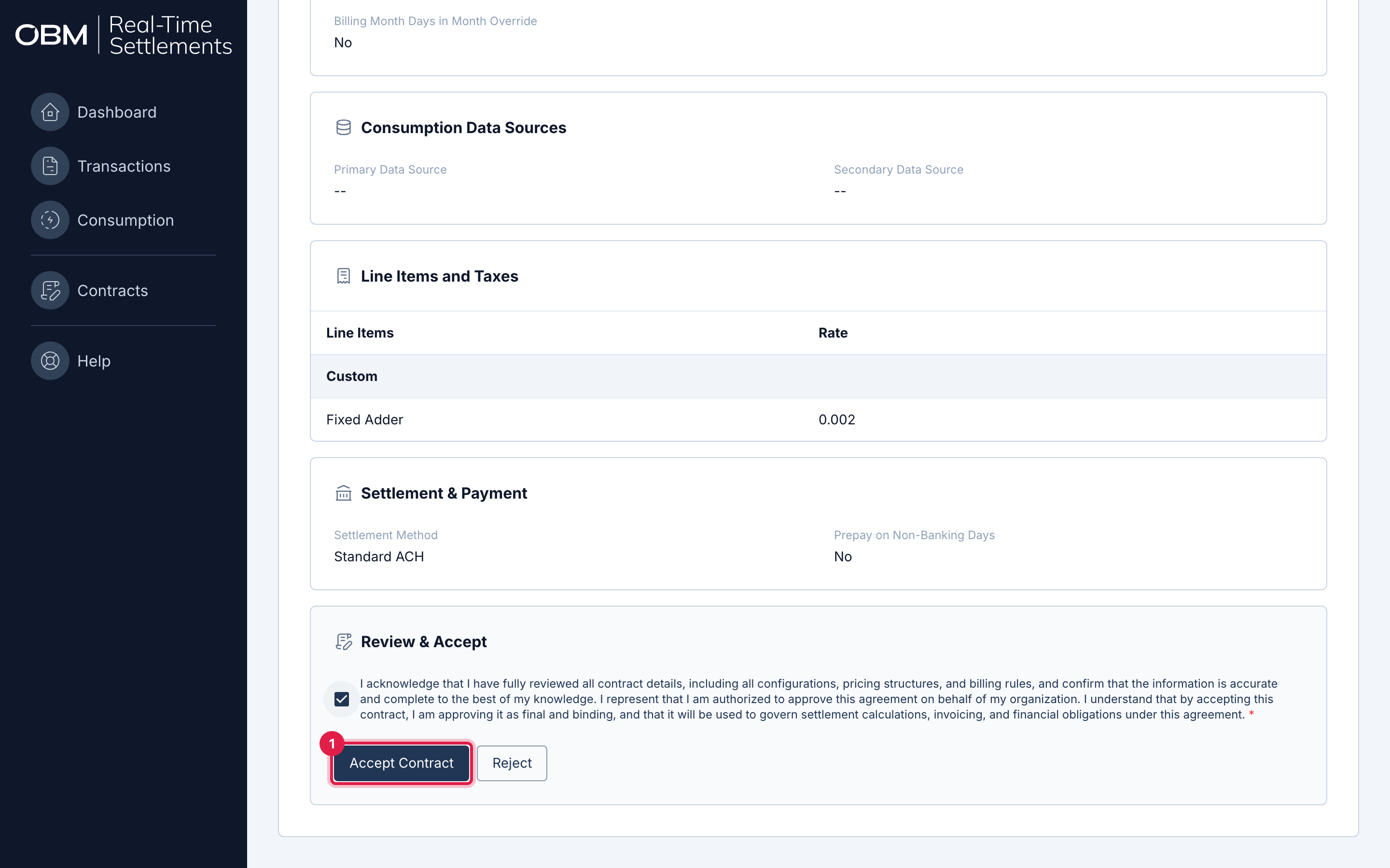 The Review & Accept section of a contract, with the acknowledgment checkbox checked and the Accept Contract button highlighted