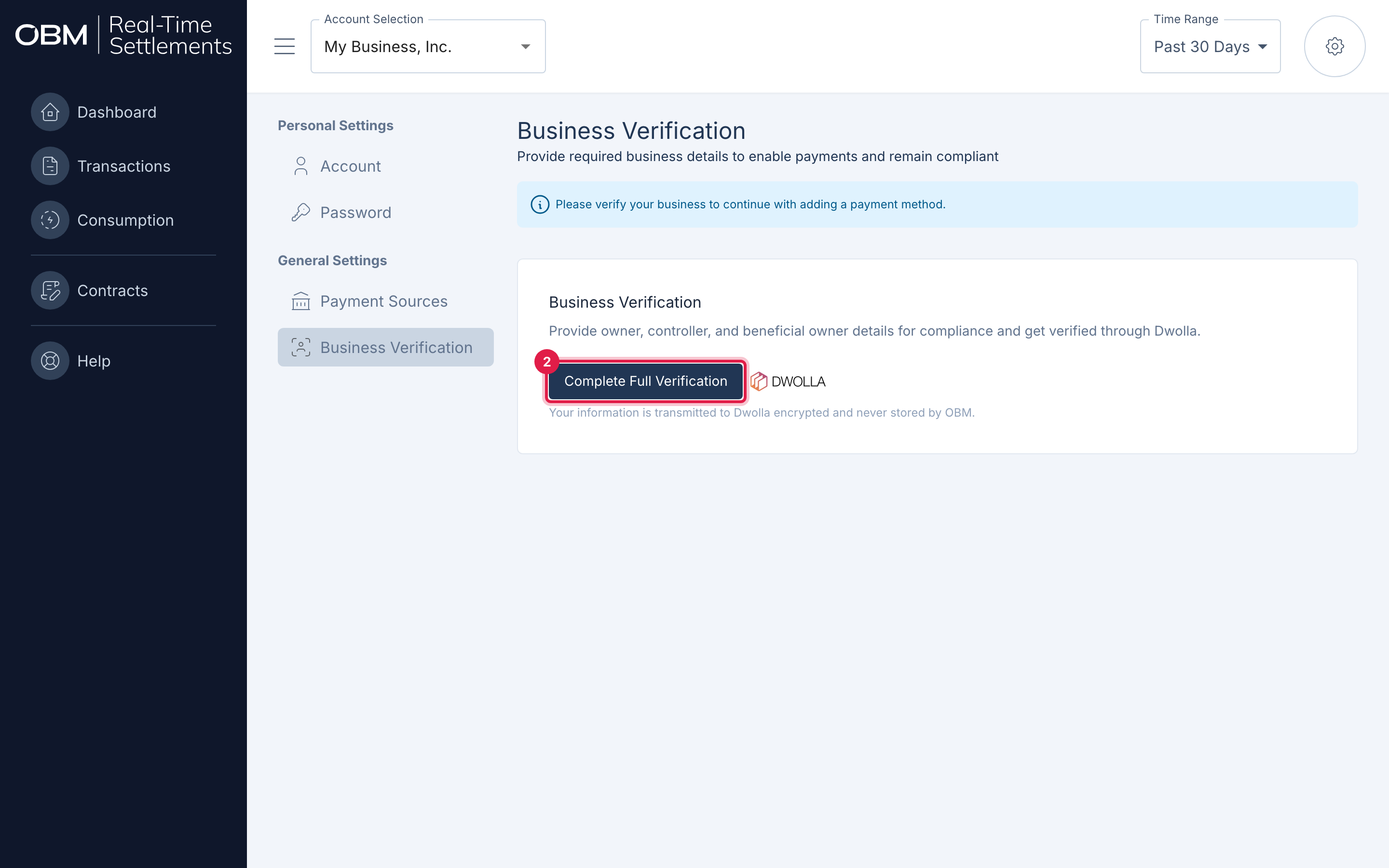 The Business Verification page with the Complete Full Verification button highlighted