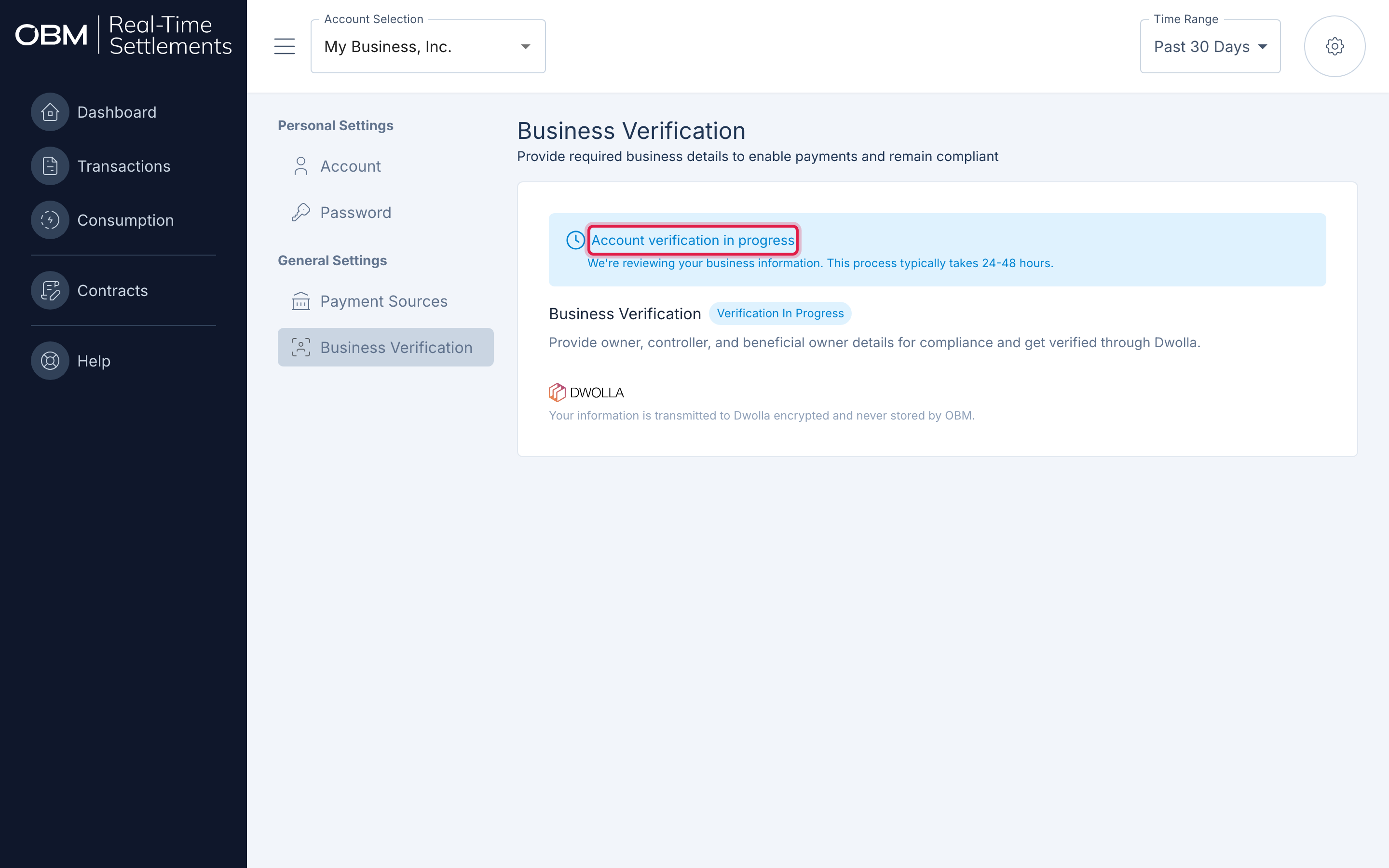 The Business Verification page showing the 'Account verification in progress' status