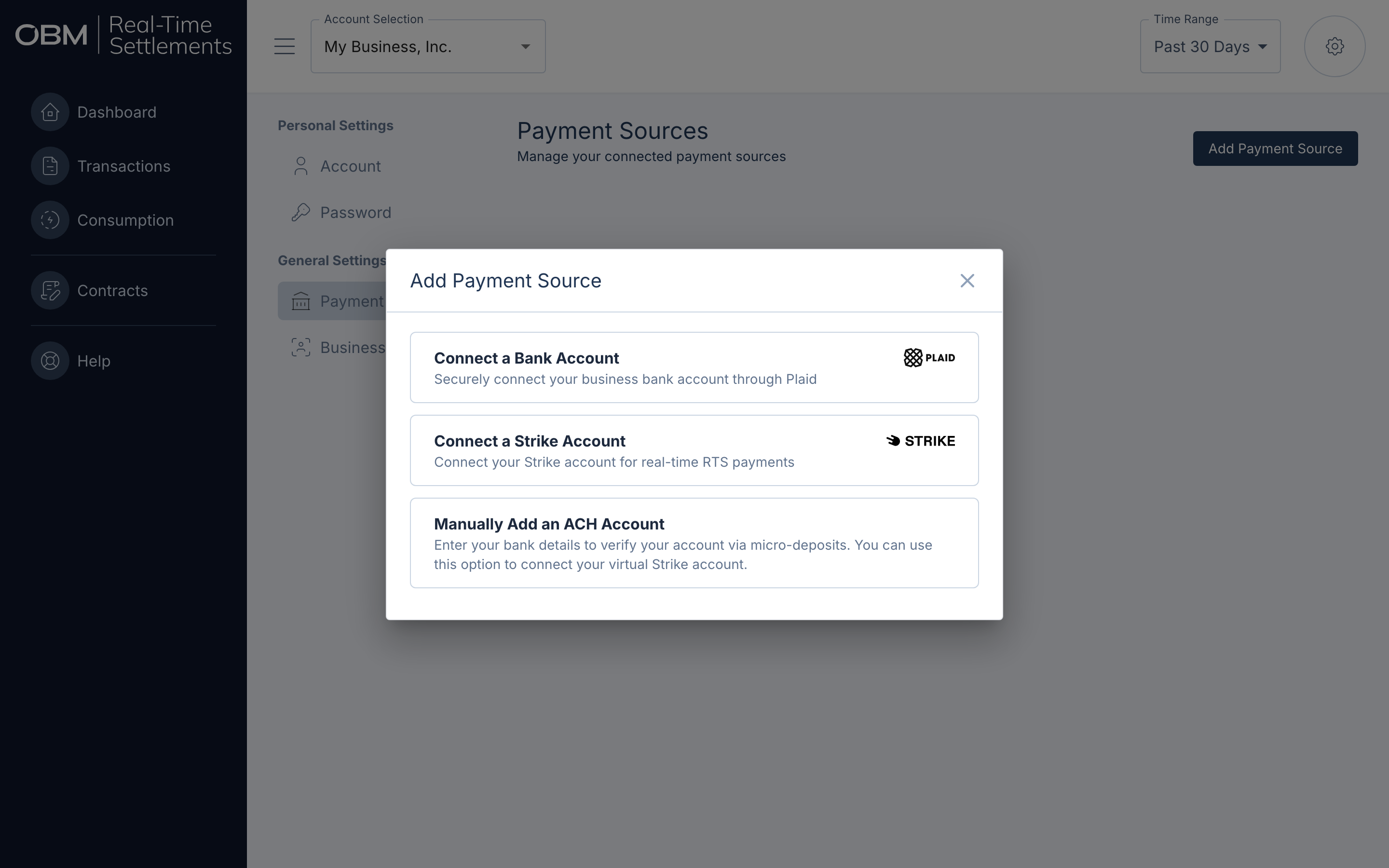 The Add Payment Source dialog with three options: Connect a Bank Account, Connect a Strike Account, and Manually Add an ACH Account