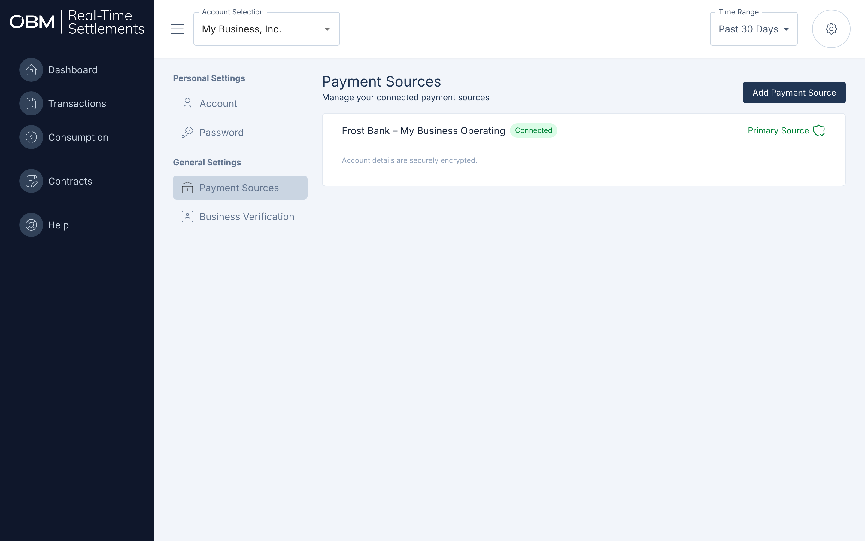 The Payment Sources page showing the connected bank account marked as Primary Source